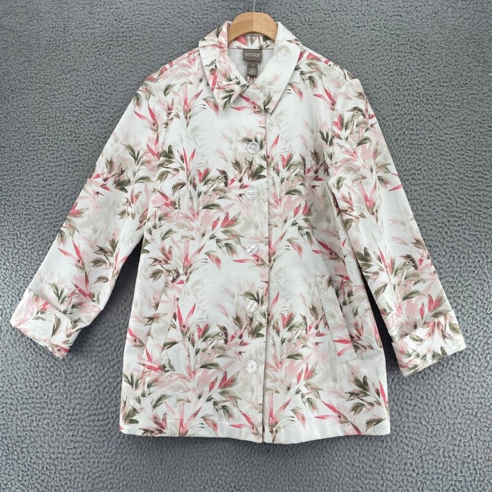 Chicos Jacket Womens 1 US Small Summer Grove Ivory Pink Floral Button Up Collar